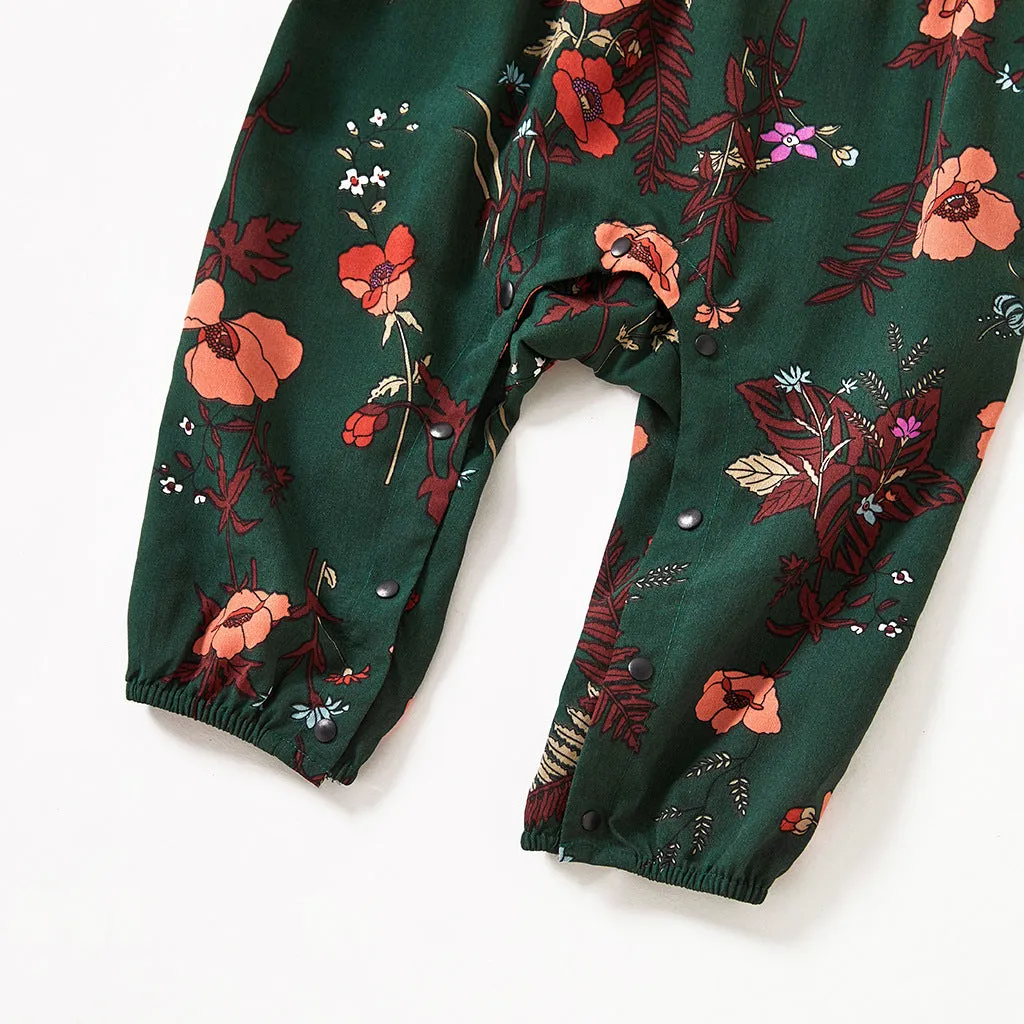 All Over Floral Print Dark Blue Short-sleeve Belted Jumpsuits for Mom and Me