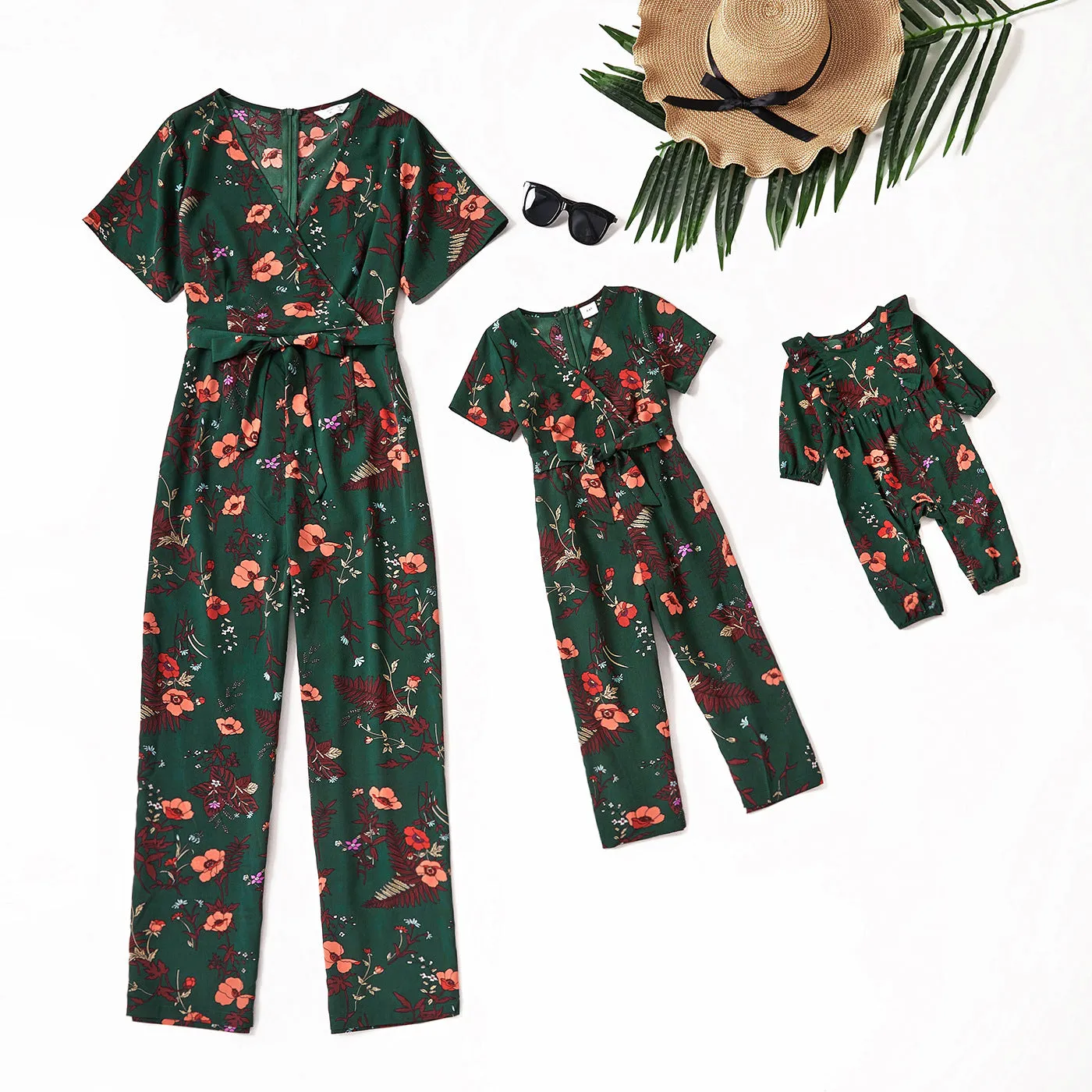 All Over Floral Print Dark Blue Short-sleeve Belted Jumpsuits for Mom and Me