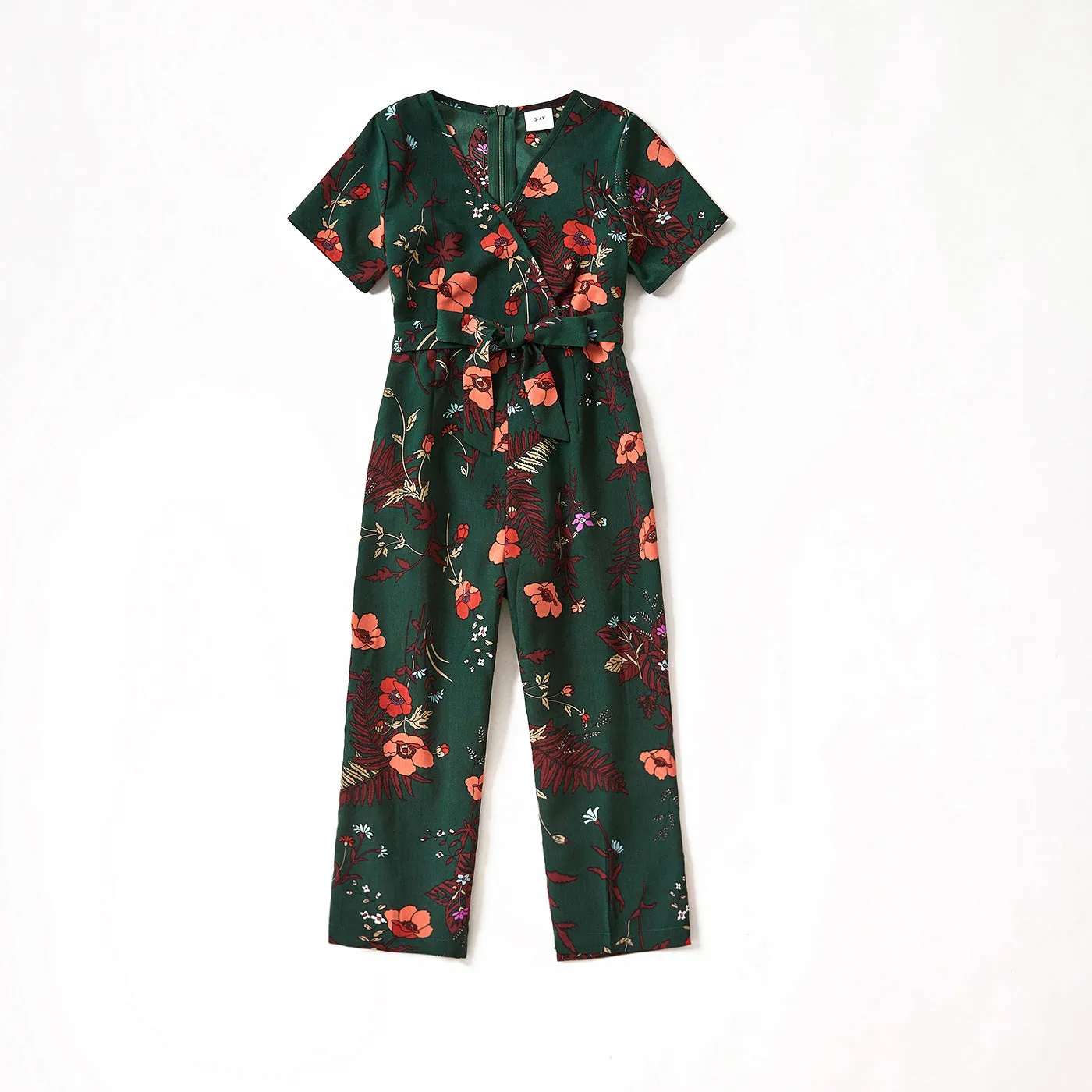 All Over Floral Print Dark Blue Short-sleeve Belted Jumpsuits for Mom and Me