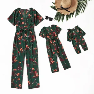 All Over Floral Print Dark Blue Short-sleeve Belted Jumpsuits for Mom and Me