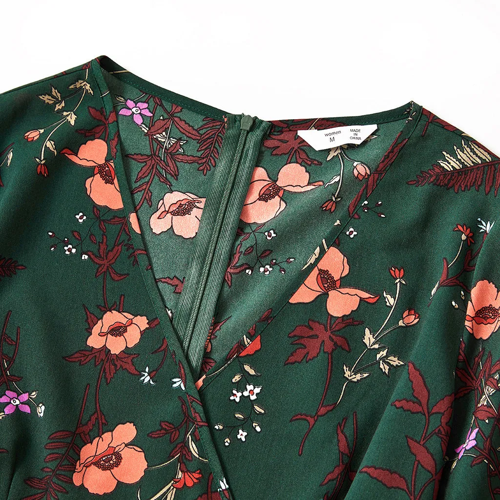 All Over Floral Print Dark Blue Short-sleeve Belted Jumpsuits for Mom and Me
