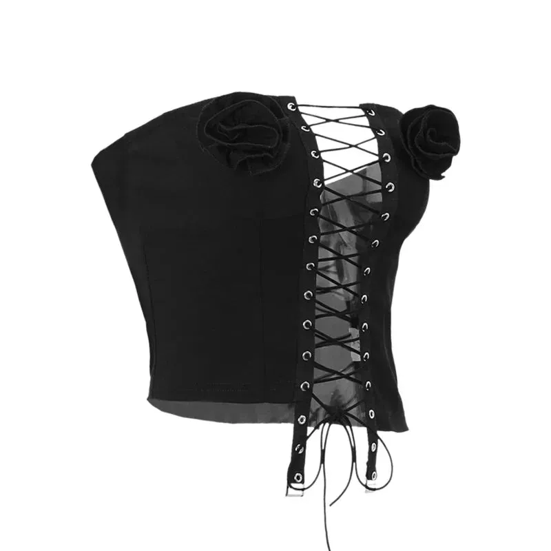 Black Lace Up Charming 3d Flower Corset Top