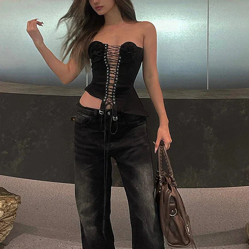 Black Lace Up Charming 3d Flower Corset Top
