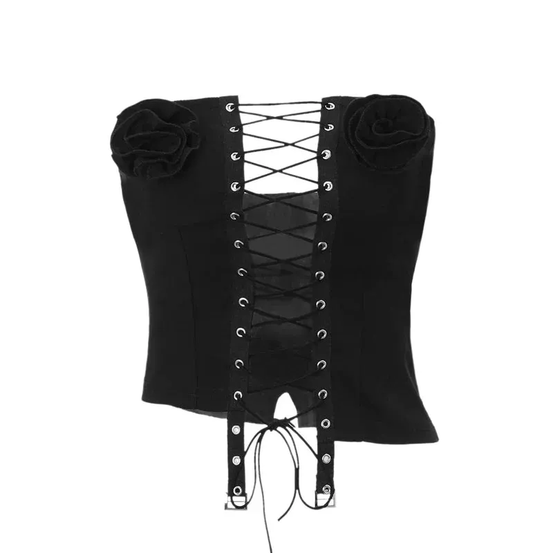 Black Lace Up Charming 3d Flower Corset Top