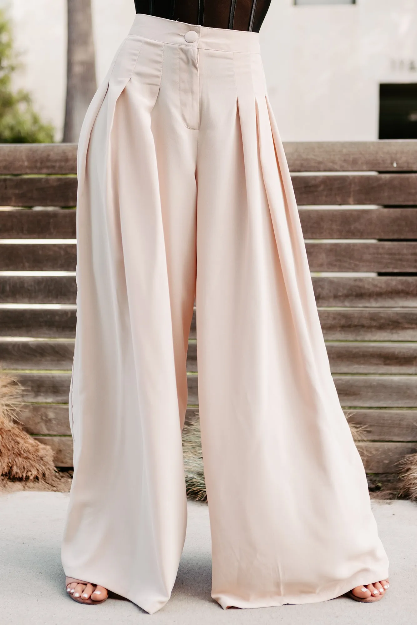 Conference Call High Rise Pleated Wide Leg Pants (Natural)