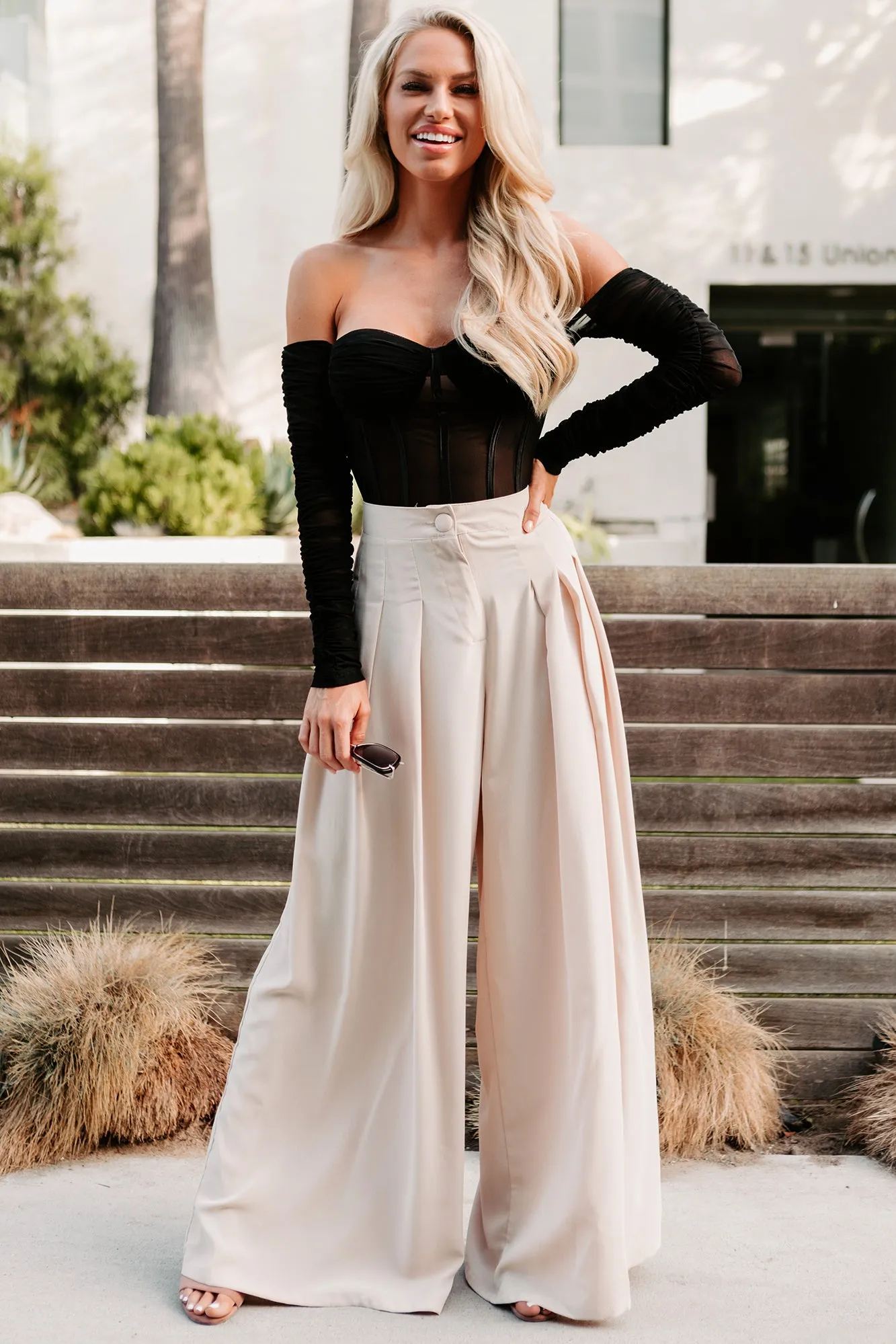 Conference Call High Rise Pleated Wide Leg Pants (Natural)