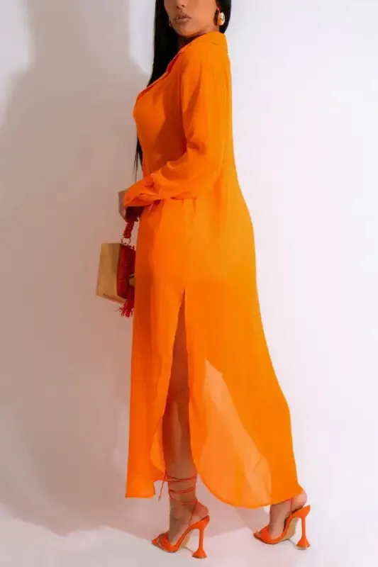 Cool Chiffon Single-Breasted Maxi Shirt Shorts Set
