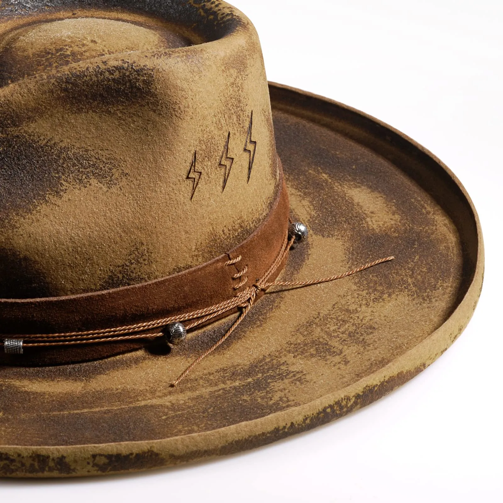 Echo - Handcrafted Burned Distressed Pencil Brim Fedora Hat