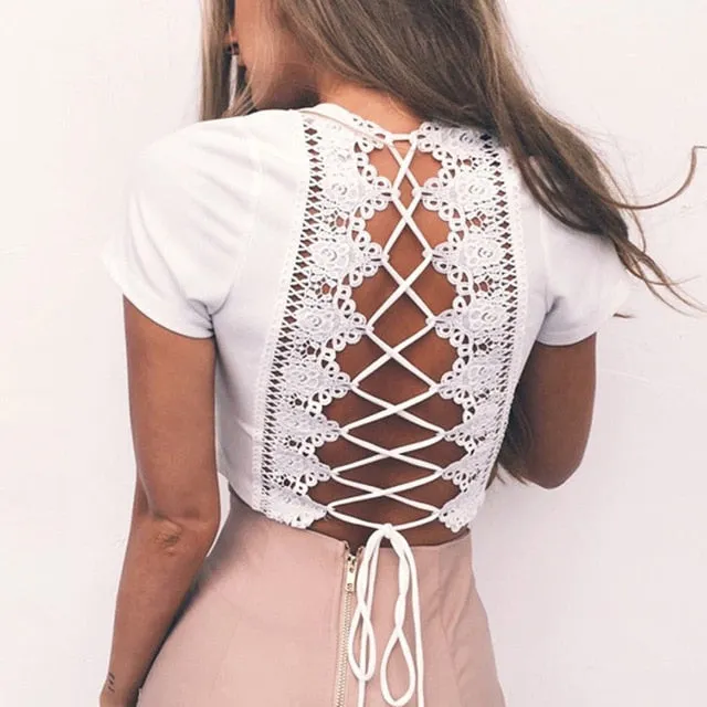 ForeFair Sexy Cross Lace Up T Shirt Women Summer Backless Crop Top Plus Size Female Autumn 2018 V Neck Pink Tops