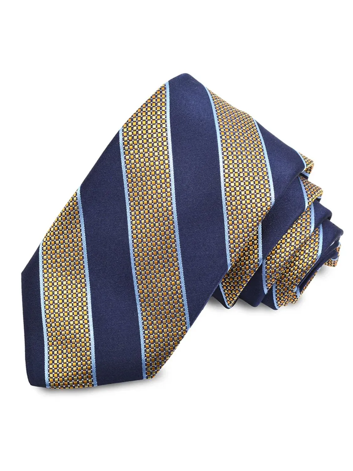 Gold, Sky, and Marine Pin Dot Satin Stripe Italian Silk Woven Jacquard Tie by Dion Neckwear