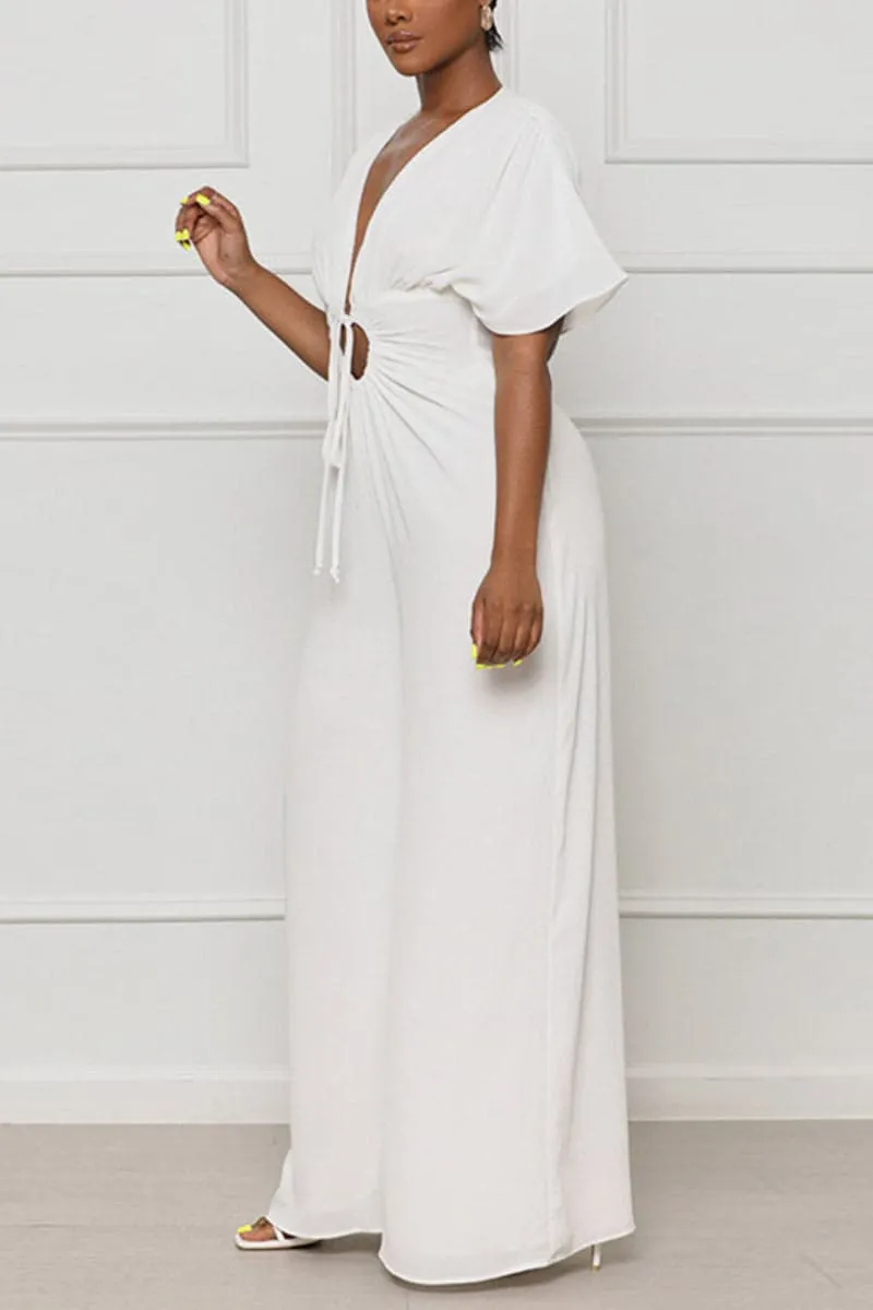JA462 V neck Wide Leg Jumpsuits