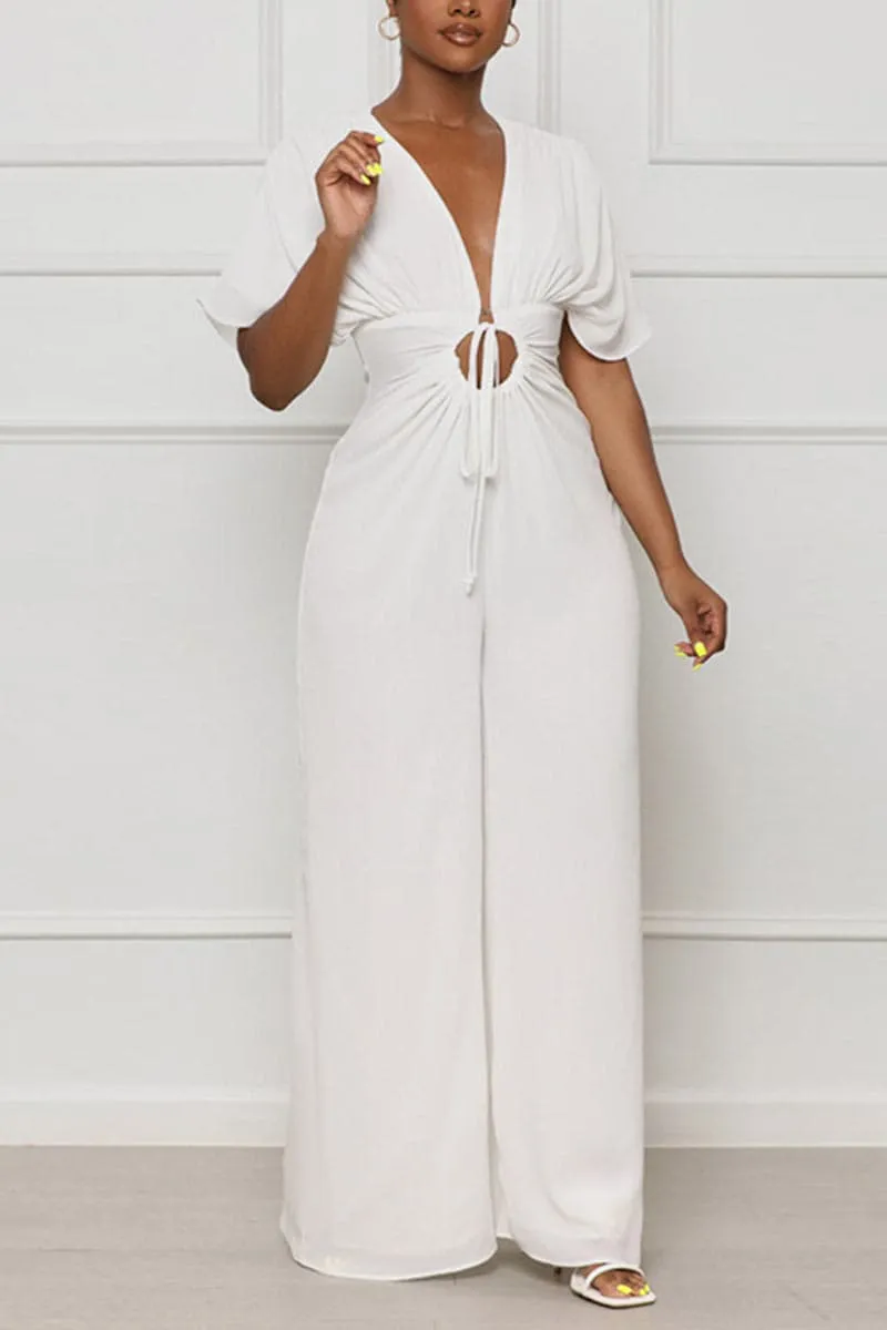 JA462 V neck Wide Leg Jumpsuits