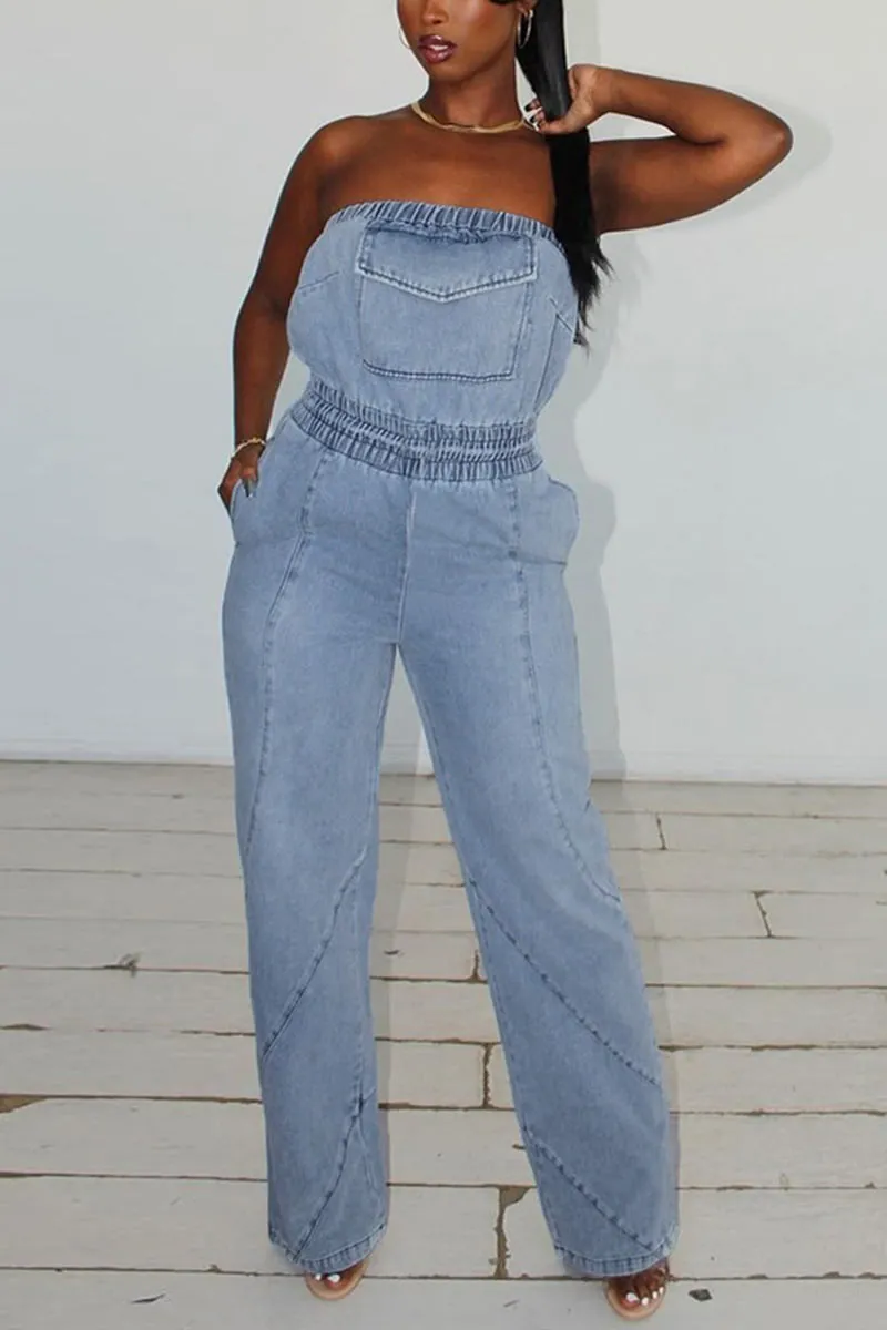 JE068 Strapless Denim Jumpsuits