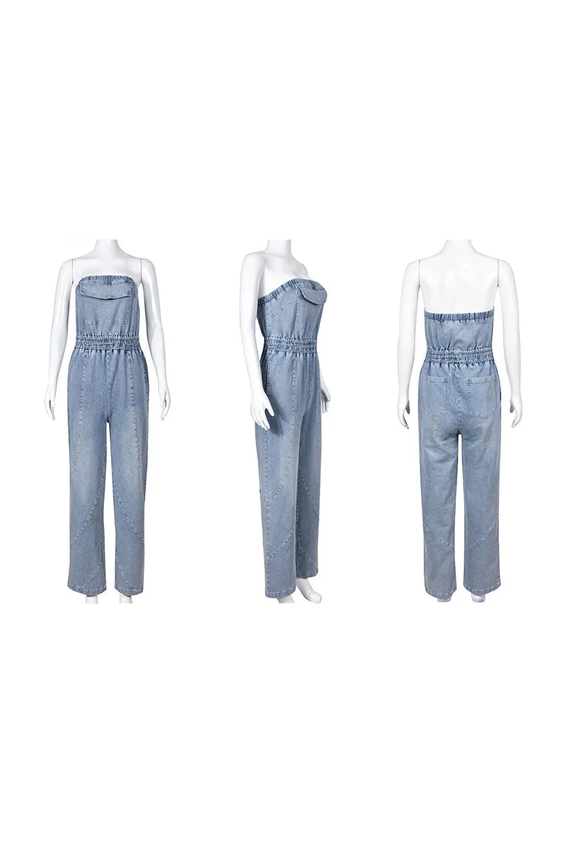 JE068 Strapless Denim Jumpsuits