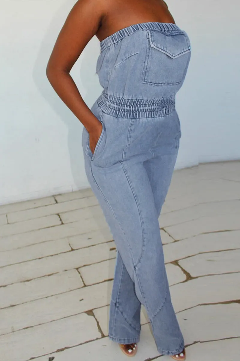 JE068 Strapless Denim Jumpsuits