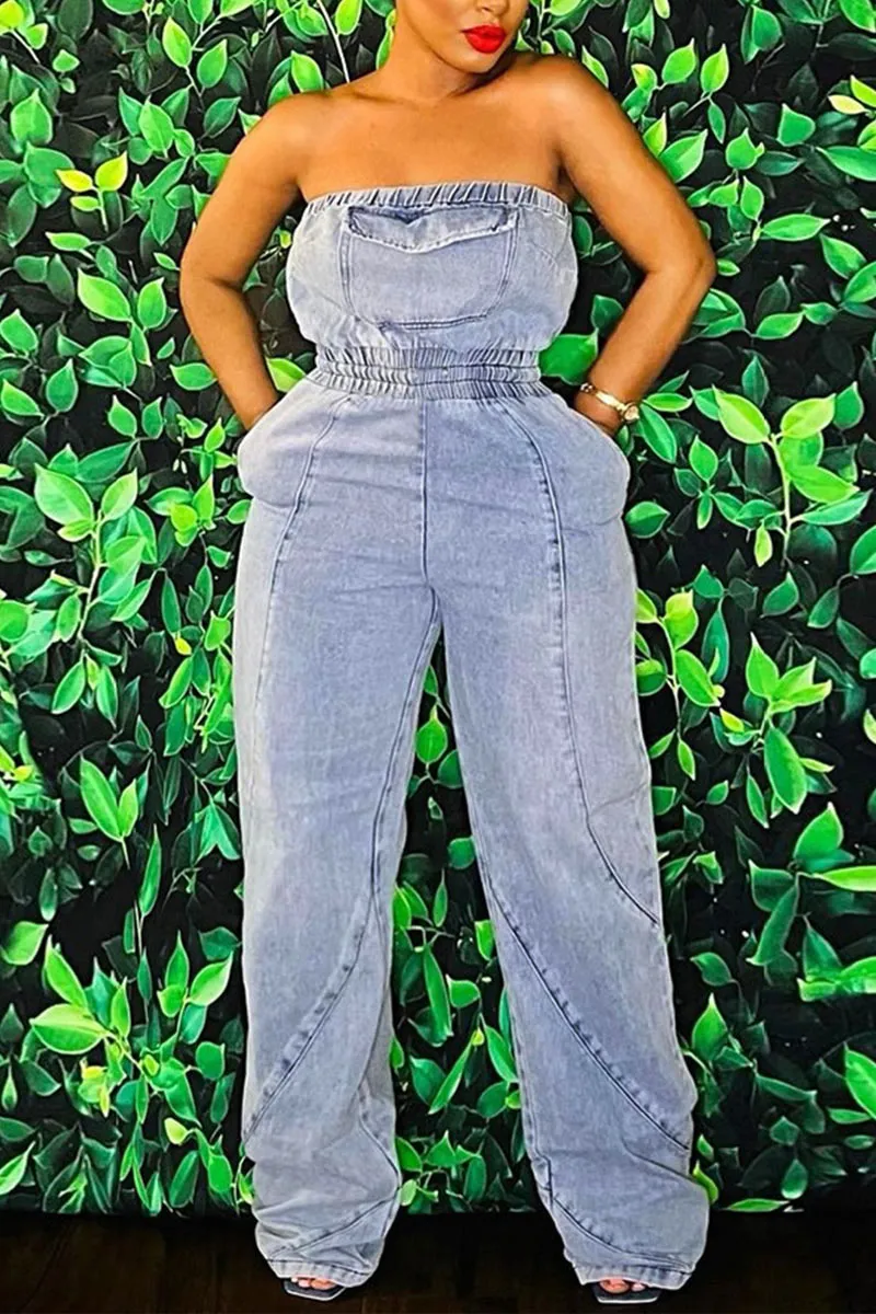 JE068 Strapless Denim Jumpsuits