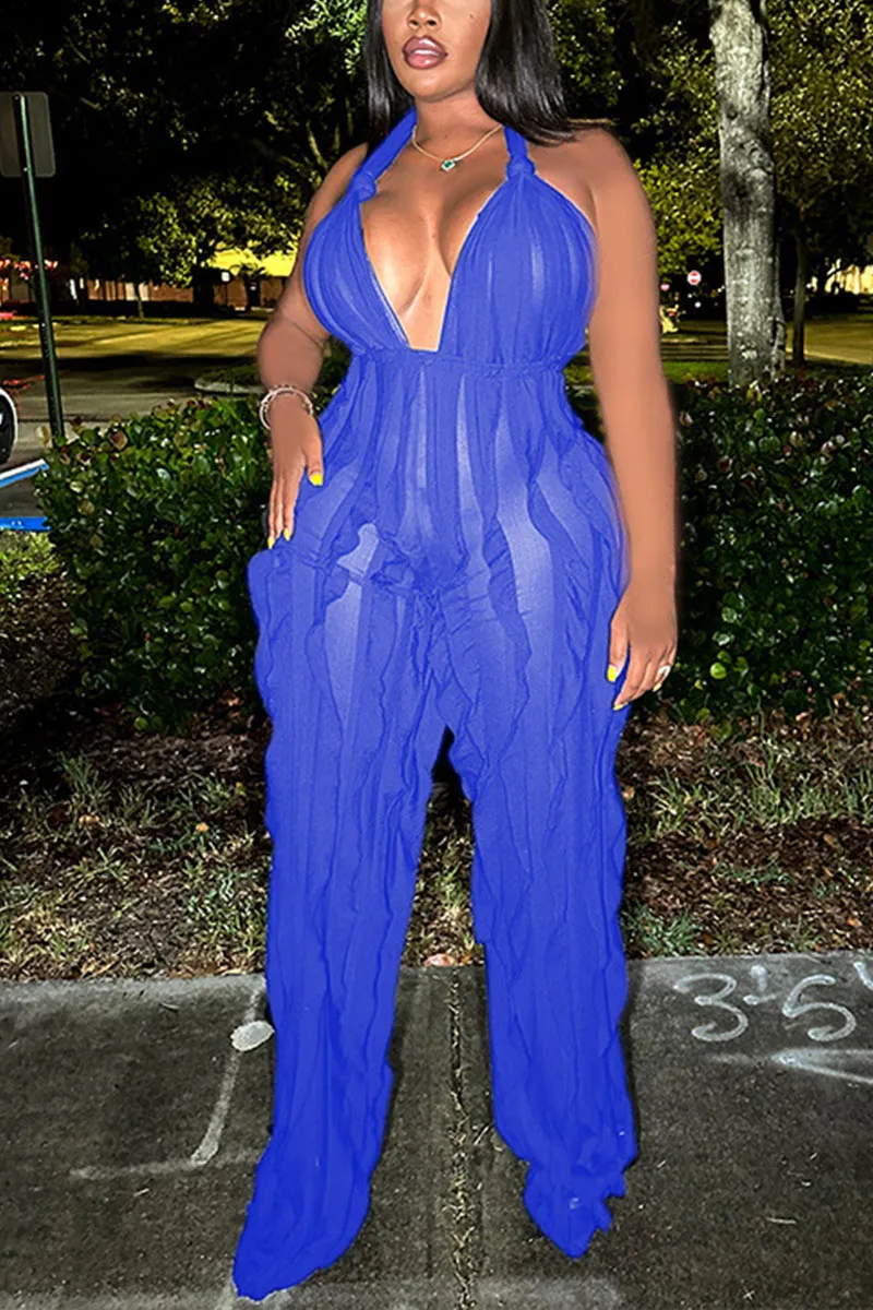 JE073 Ruffle Mesh Jumpsuits