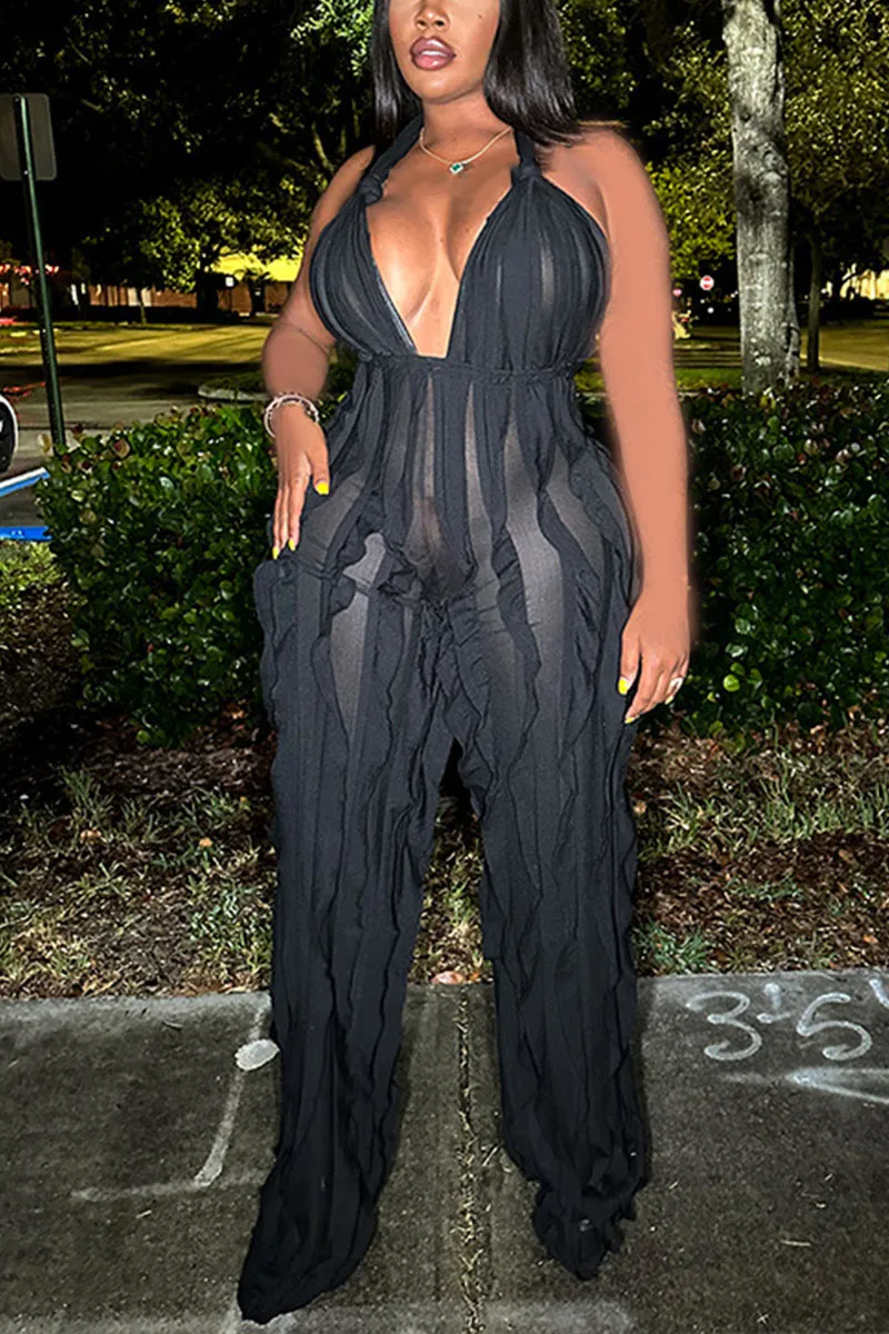 JE073 Ruffle Mesh Jumpsuits