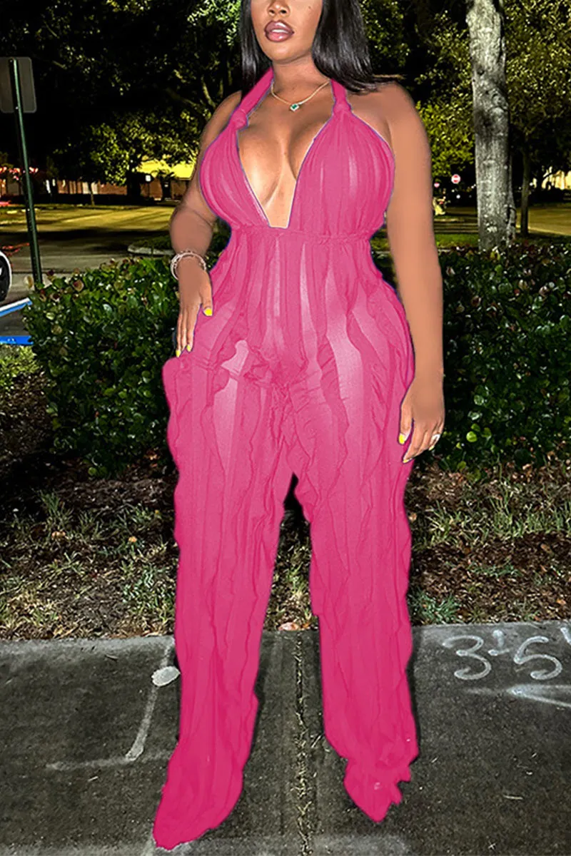 JE073 Ruffle Mesh Jumpsuits