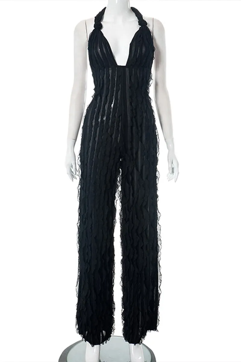 JE073 Ruffle Mesh Jumpsuits