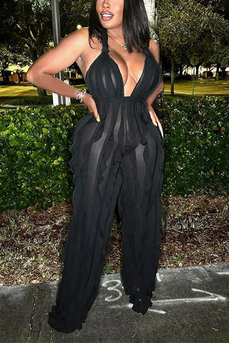 JE073 Ruffle Mesh Jumpsuits