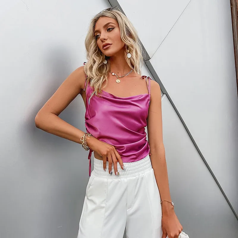 Joskaa Sexy solid women sleeveless satin short Top elegant female Spaghetti straps summer High street style Tank Top 2024 New