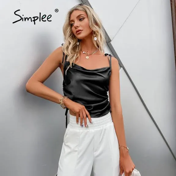 Joskaa Sexy solid women sleeveless satin short Top elegant female Spaghetti straps summer High street style Tank Top 2024 New