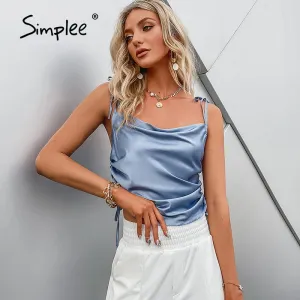 Joskaa Sexy solid women sleeveless satin short Top elegant female Spaghetti straps summer High street style Tank Top 2024 New