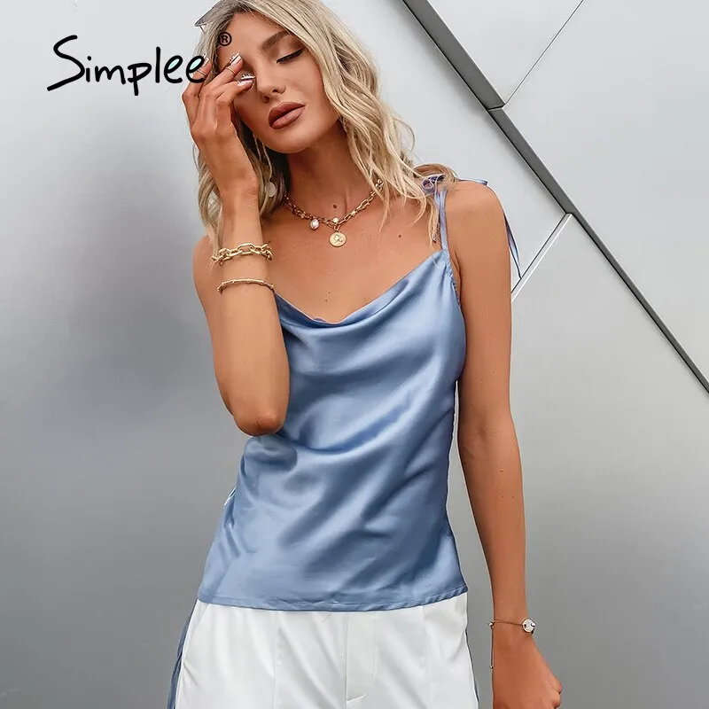 Joskaa Sexy solid women sleeveless satin short Top elegant female Spaghetti straps summer High street style Tank Top 2024 New