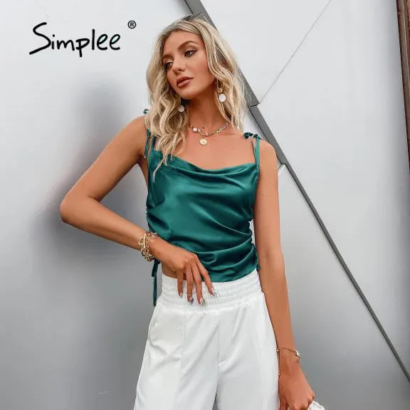 Joskaa Sexy solid women sleeveless satin short Top elegant female Spaghetti straps summer High street style Tank Top 2024 New