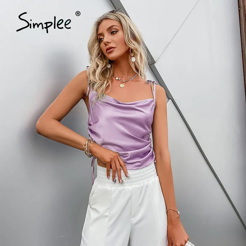 Joskaa Sexy solid women sleeveless satin short Top elegant female Spaghetti straps summer High street style Tank Top 2024 New