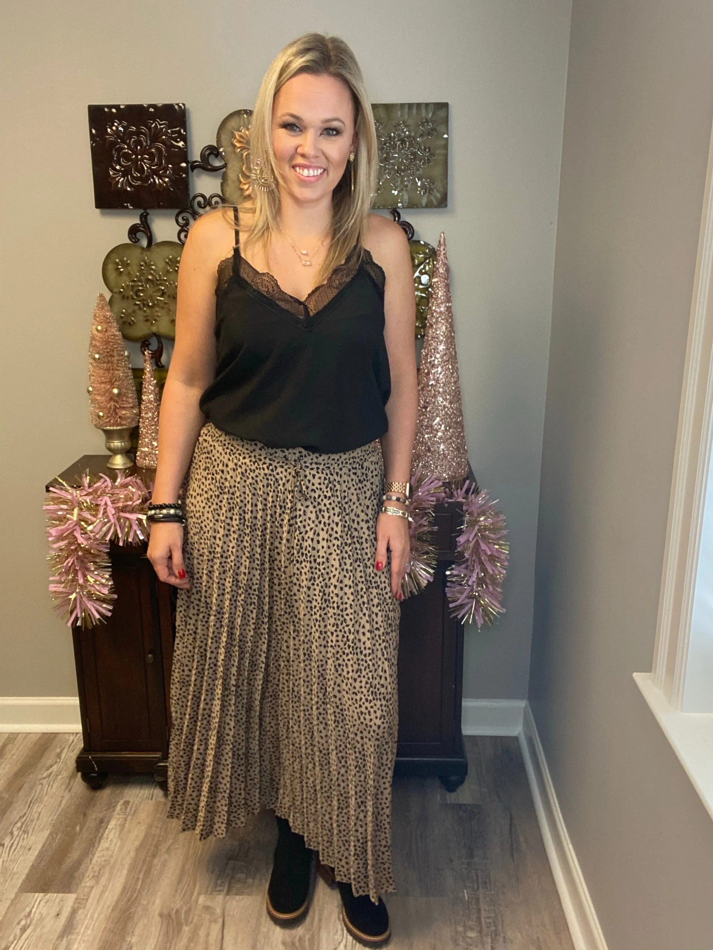 Leopard pleated maxi skirt