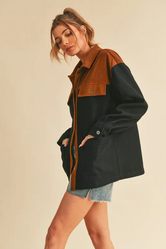 MQTIME  -   Two Tone Button Up Jacket with Pockets