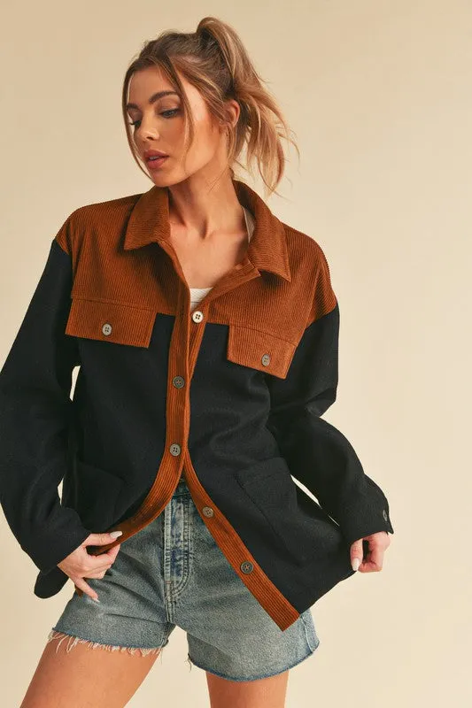 MQTIME  -   Two Tone Button Up Jacket with Pockets