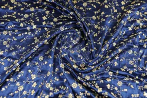 Navy Blue Floral Embroidered Viscose Gaji Silk Fabric (Wholesale)