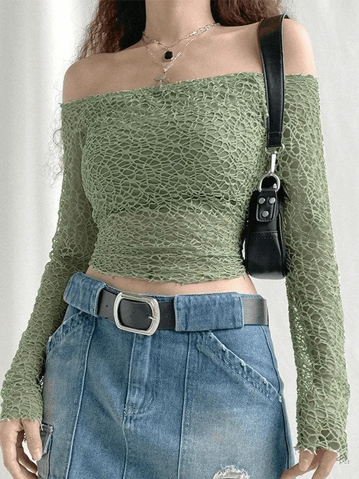 Off Shoulder Mesh Long Sleeve Blouse