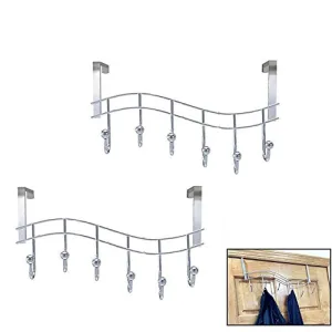 Pack of 2 Over the Door Rack with Hooks , 6 Hangers for Towels Coats Clothes Robes Ties Hats, Bathroom Closet Extra Long Heavy Duty Gauge Steel Space Saver Mudroom Organizer