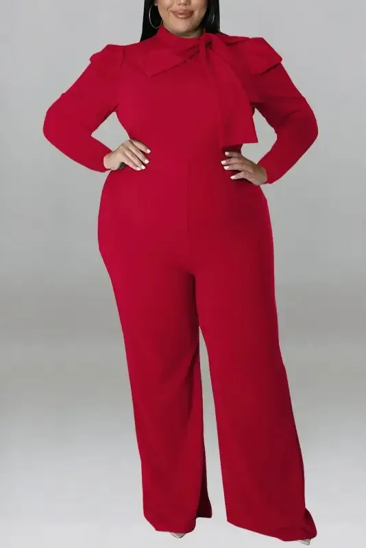 Plus Size In The Office Stretch Bow Zip-Up Jumpsuit