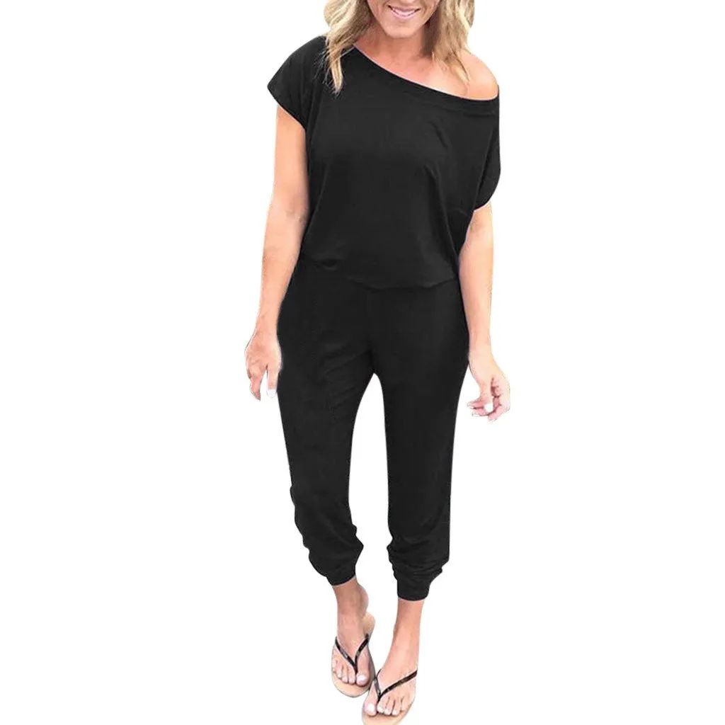 Pocket Off Shoulder Short Sleeve Rompers Jumpsuit
