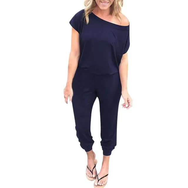 Pocket Off Shoulder Short Sleeve Rompers Jumpsuit