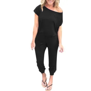Pocket Off Shoulder Short Sleeve Rompers Jumpsuit