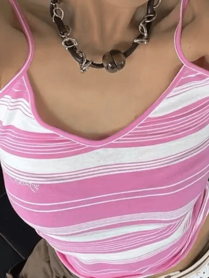 Rhinestone Design Striped Crop Cami Top