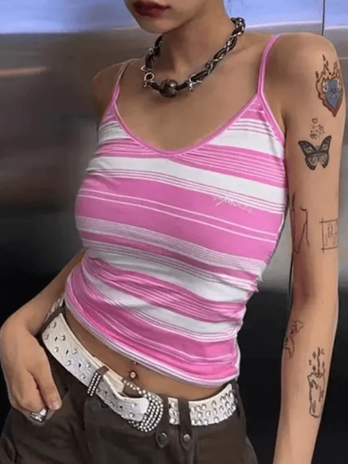 Rhinestone Design Striped Crop Cami Top