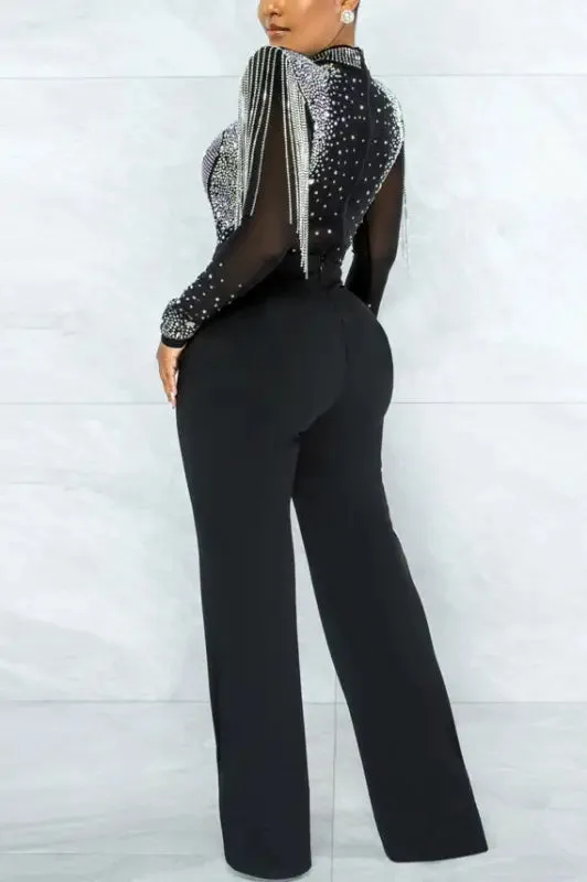 Shoulder-Padded Rhinestone Tassel Decor Jumpsuit (Without lining)
