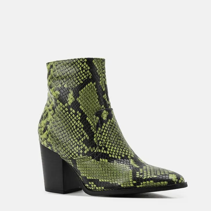 Snake Print Pattern Side Zipper Thick Heeled Boots