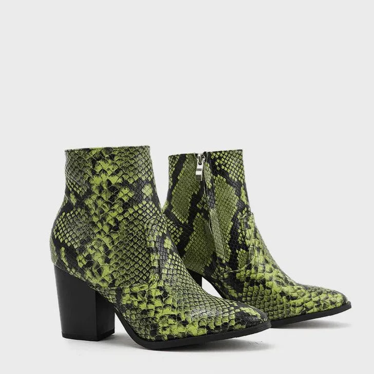 Snake Print Pattern Side Zipper Thick Heeled Boots