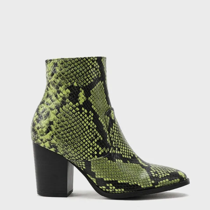 Snake Print Pattern Side Zipper Thick Heeled Boots