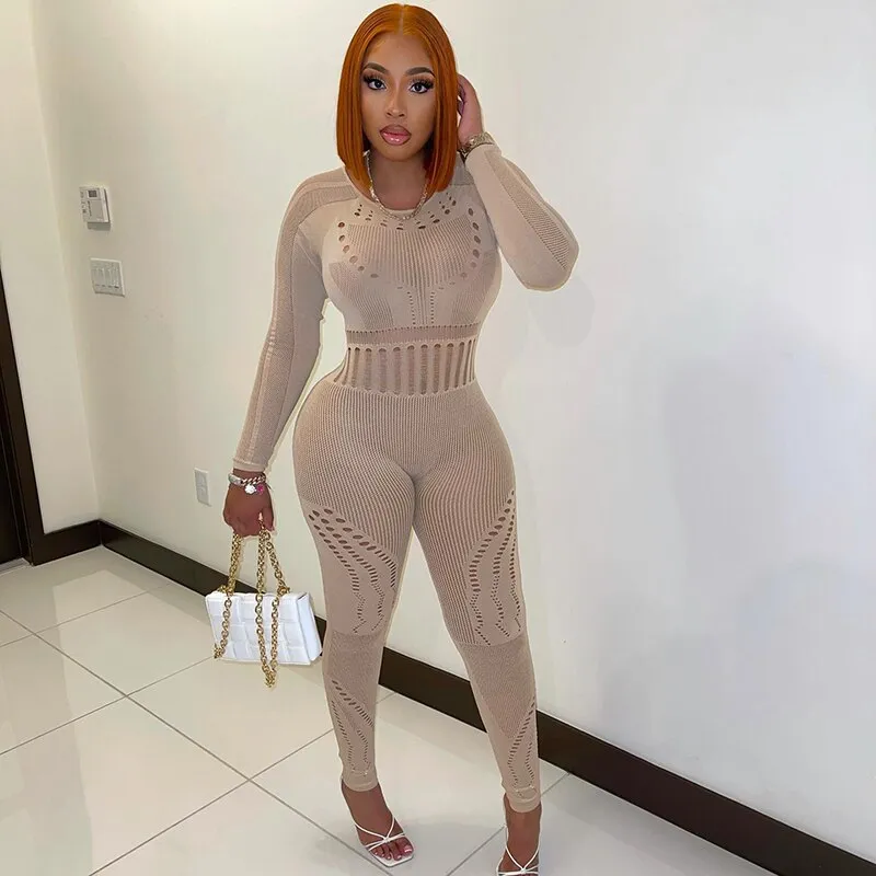 solid color Knitted Thin Long Sleeve Jumpsuit Romper