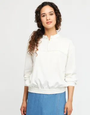 Stitched Half Zip Blouson Top White