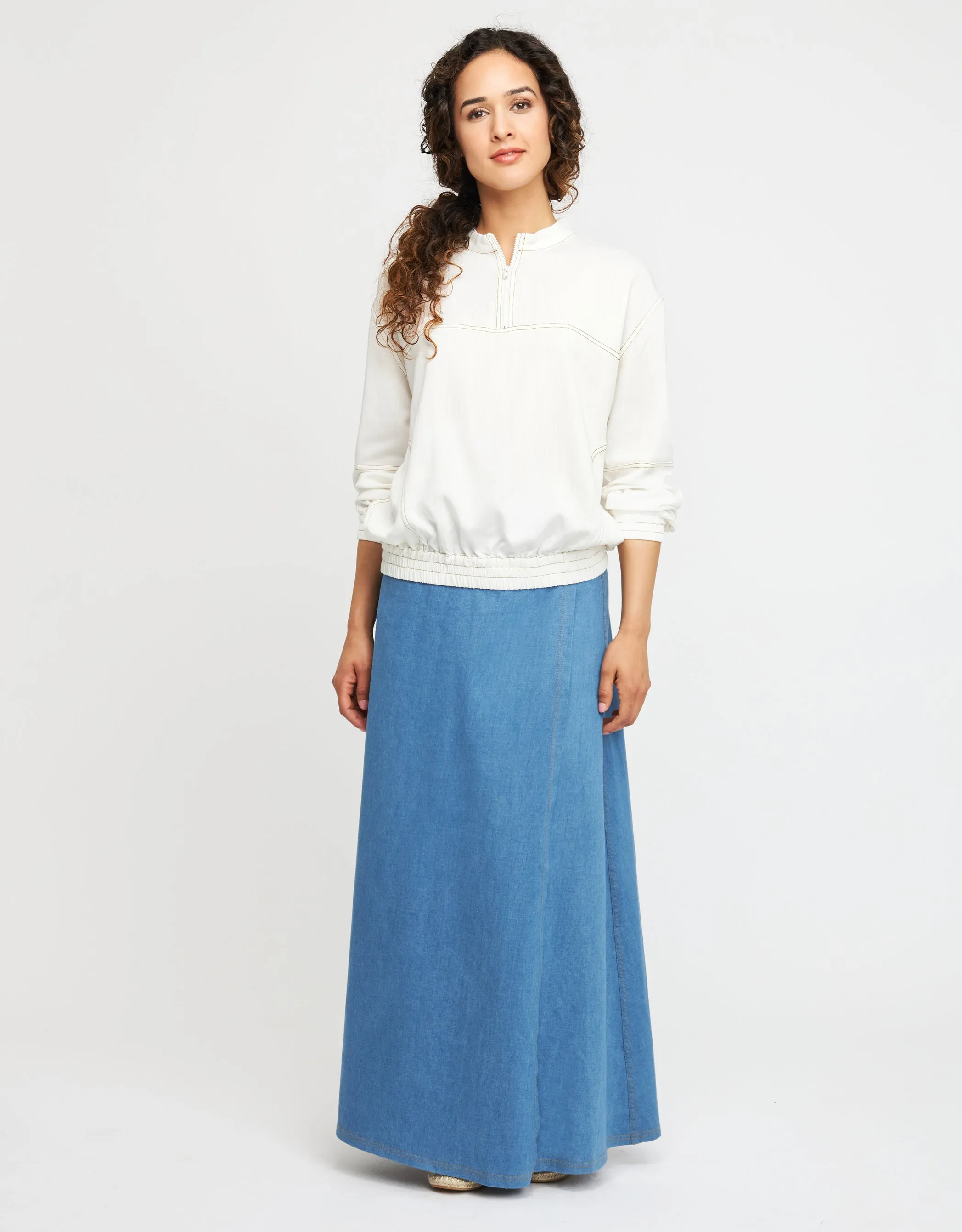 Stitched Half Zip Blouson Top White